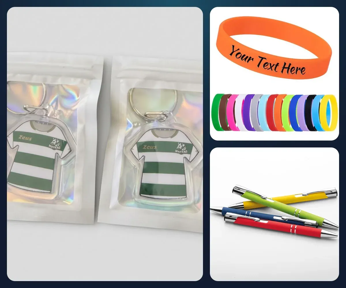 I nostri gadget: portachiavi a forma di maglia in bustina olografica, braccialetti in silicone colorati e penne in metallo soft-touch