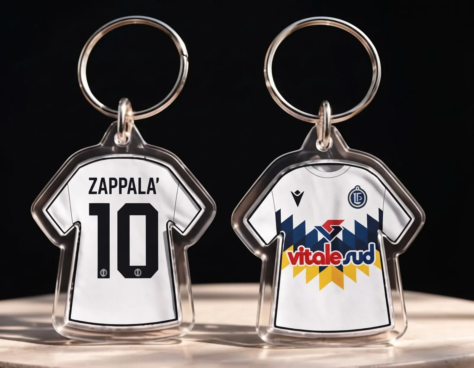 Due portachiavi a forma di maglia bianca: uno mostra il retro con il nome Zappalà e il numero 10, l'altro il fronte con stemma, sponsor e grafica blu e gialla